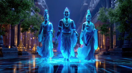 This captivating image features ethereal figures glowing in blue light within an ancient temple, surrounded by lush greenery. It embodies themes of spirituality and harmony.の素材