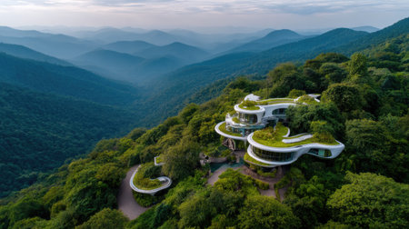 Breathtaking aerial photograph of a modern eco-friendly home nestled in a lush mountain landscape, showcasing innovative architecture blending with nature.の素材