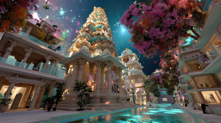 This breathtaking fantasy cityscape showcases intricate architecture illuminated by soft lights. Lush gardens with vibrant flowers create a serene atmosphere, ideal for exploration and relaxation under a mesmerizing starry sky.の素材