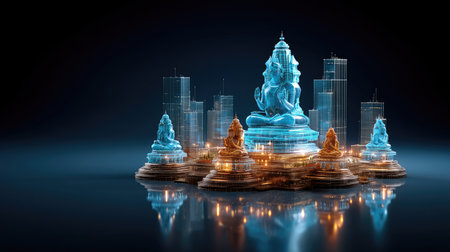 A stunning digital art piece featuring a blue neon statue of Ganesha surrounded by a reflective city skyline. This artwork embodies modern spirituality and technology.の素材