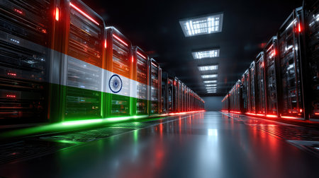 A high-tech server room illuminated in vibrant colors representing the Indian flag, showcasing advanced data storage technology and infrastructure.の素材