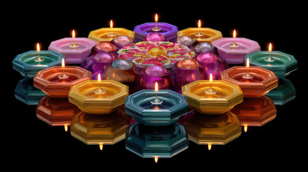 A stunning arrangement of colorful candles casting a gentle glow on a reflective surface, perfect for festive celebrations and serene environments.の素材