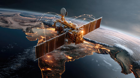 A stunning high-resolution image showcases a satellite orbiting Earth over Asia, highlighting communication data links bridging various illuminated regions.の素材