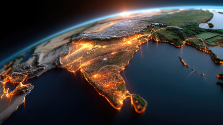 Stunning satellite view of South Asia illuminated at night, showcasing urban areas, coastlines, and geographic features in vibrant detail.の素材