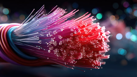This stunning close-up image showcases a vibrant fiber optic cable illuminated with colorful lights. The dynamic bokeh effect creates an enchanting background, emphasizing the intricate details and modern technology in a visually captivating manner.の素材