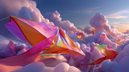 Discover a dreamy scene of colorful kites soaring amidst vibrant clouds at sunset, evoking feelings of freedom, adventure, and connection with nature.の素材