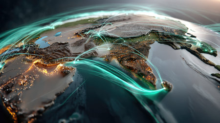 This stunning illustration showcases a detailed view of the earth with bright network lines illustrating global connectivity among cities at night.の素材