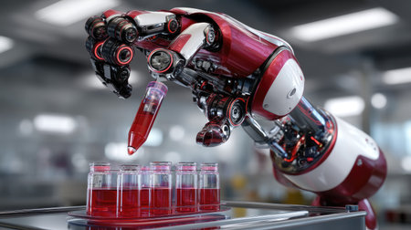 A futuristic robotic hand is skillfully manipulating a test tube filled with red liquid in a modern laboratory setting, showcasing advanced automation and technology.の素材