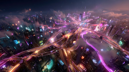 This stunning aerial view showcases a vibrant futuristic city illuminated by bright lights and bustling traffic, creating a mesmerizing urban landscape at night.の素材