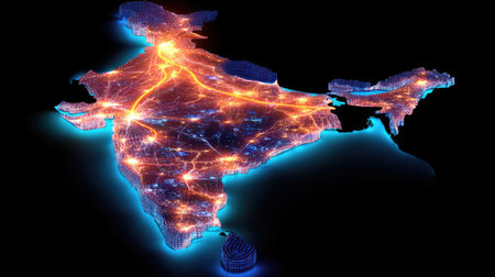 This captivating digital map showcases India illuminated by dynamic connections, symbolizing the integration of technology and innovation in urban landscapes.の素材