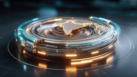 This abstract digital artwork features a glowing representation of India within a futuristic circle, highlighting technology and innovation in a modern design.の素材
