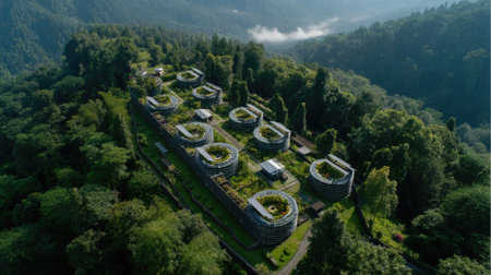Stunning aerial view of modern eco-friendly architecture nestled in vibrant green forest, showcasing innovative design harmonizing with nature's beauty.の素材