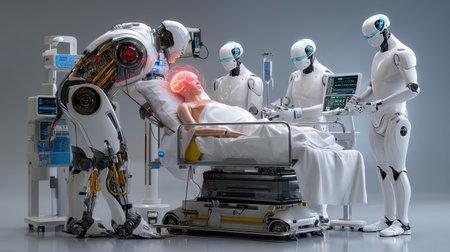 A scene depicting a futuristic surgical operation with humanoid robots assisting in medical procedure, showcasing advanced technology in a clinical setting.の素材