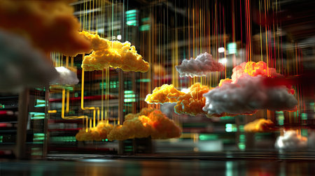 This stunning digital artwork showcases abstract clouds suspended in a technology-inspired environment, illuminated with vibrant colors, creating an imaginative fusion of nature and innovation.の素材