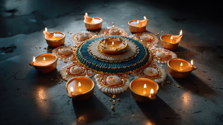 A stunning traditional rangoli design featuring diya lamps arranged in a circular pattern, enhancing the festive atmosphere with color and light, symbolizing joy and spirituality.の素材