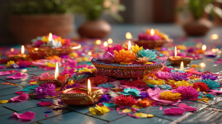 A stunning depiction of a Diwali celebration featuring brightly lit oil lamps surrounded by colorful flowers and petals, creating a festive ambiance.の素材