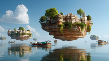 Experience the wonder of floating islands adorned with stunning architecture, lush greenery, and sparkling water reflecting the tranquil sky.の素材