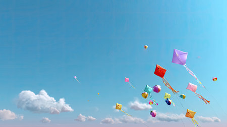 A vibrant scene showcasing a collection of colorful kites soaring in a bright blue sky, accompanied by soft fluffy clouds. Perfect for themes of joy and outdoor activities.の素材