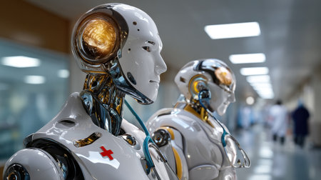 This image features advanced robotic figures designed for a hospital environment, symbolizing the integration of technology and healthcare, as they assist medical professionals.の素材