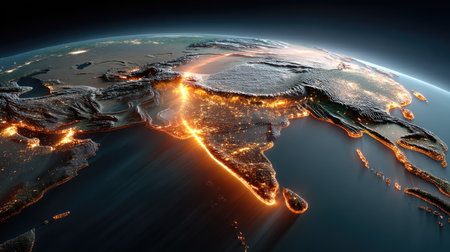 This breathtaking image captures the beauty of Asia from above, showcasing illuminated cities and natural landscapes against the dark night sky.の素材