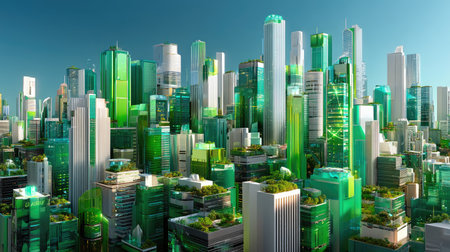 A stunning futuristic cityscape showcasing a blend of modern skyscrapers and vibrant greenery, symbolizing urban innovation and sustainability.の素材