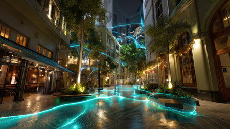 A captivating nighttime urban scene showcasing a serene alleyway enhanced with glowing light trails, surrounded by lush greenery and modern architecture.の素材