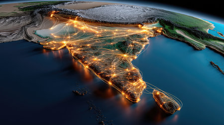 This captivating image showcases a geographical view of India, illuminated with dynamic network connections, representing data flow and connectivity.の素材