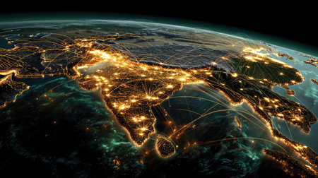 This breathtaking aerial image captures Asia at night, showcasing city lights intertwined with bright network connections across the landscape.の素材
