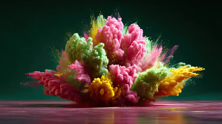 A stunning visual representation of an explosion featuring colorful clouds of smoke and dust. The vibrant hues of pink, green, and yellow create dynamic contrasts against a dark background, offering a unique and mesmerizing abstract composition.の素材