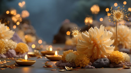 A stunning floral arrangement features warm tones and glowing candles, creating a tranquil and serene ambiance perfect for relaxation and inspiration.の素材