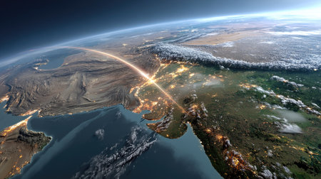 A striking view of Earth from space showcases diverse landscapes and urban areas illuminated at night. The image captures the planet's beauty and structure.の素材