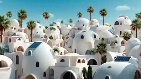 This image captures a stunning view of unique domed buildings nestled among lush palm trees, showcasing modern architecture against a bright blue sky.の素材