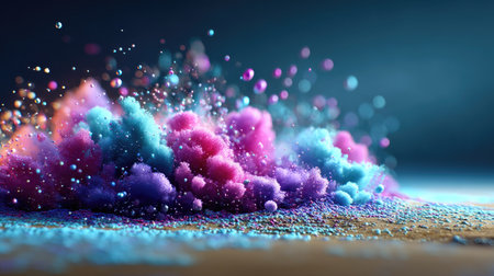 Experience a stunning display of colorful powder particles creating vibrant clouds in a soft-focus scene. This artistic composition captures energy and movement.の素材