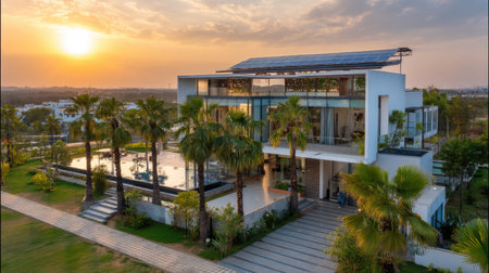 A stunning modern villa featuring solar panels and lush palm trees, set against a picturesque sunset. This elegant home offers a tranquil retreat in a vibrant landscape.の素材