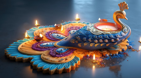 A stunning peacock-shaped diya adorned with intricate colorful designs, surrounded by candles, perfect for Diwali celebrations and festive decor.の素材