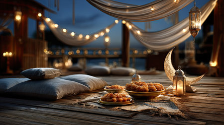 A beautifully arranged evening scene featuring pillows and traditional sweets, illuminated by soft lights and candles, perfect for celebrations.の素材