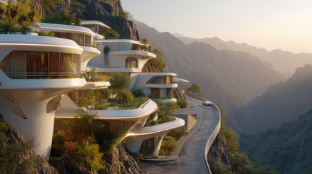 This stunning image showcases modern architecture of futuristic homes perched on a mountainside, surrounded by breathtaking landscapes at sunset.の素材