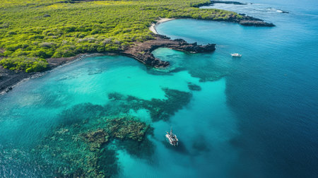 Aerial view of the tropical waters of the Gapagos Islands, space for text aboveの素材