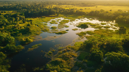 Brazilian Pantanal wetlands with lush greenery and a clear sky for textの素材