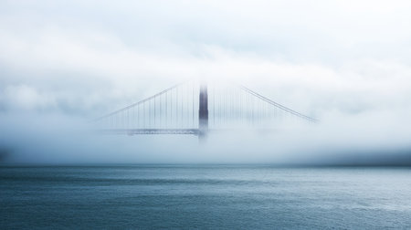 Dense fog over the San Francisco Bay with the Golden Gate Bridge barely visible, room for text in the mistの素材