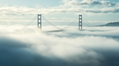 Dense fog over the San Francisco Bay with the Golden Gate Bridge barely visible, room for text in the mistの素材