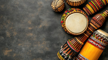 Popular African dance instruments like shekeres in a top view layout, with room for textの素材