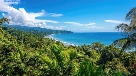 Lush green jungle along the coast of Costa Rica, with room for copy in the blue skyの素材