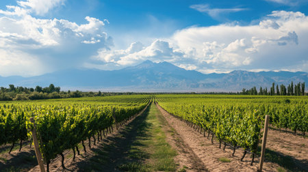 Lush vineyards in Mendoza, Argentina, with ample space for copy in the skyの素材