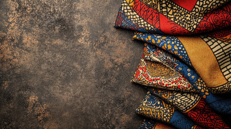 Popular African fabric patterns folded neatly in a top view layout with ample copy spaceの素材