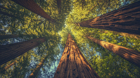 Redwood forest in California, tall trees reaching towards the sky with room for textの素材