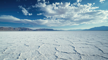 Salt flats in Utah stretching into the distance with a blank sky for textの素材