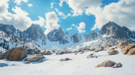 Snowy peaks of the Sierra Nevada with plenty of sky for copy spaceの素材