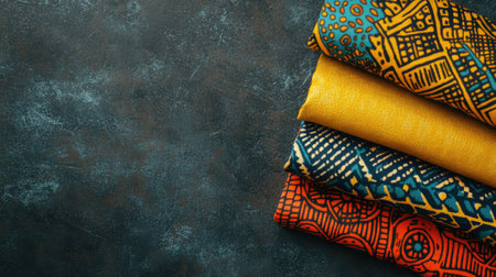 Top view of African clothing fabric patterns folded with space for copyの素材