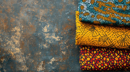 Top view of African clothing fabric patterns folded with space for copyの素材
